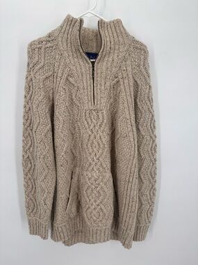 Vintage Oatmeal Merino Wool/Cashmere Irish Aran Half Zip Sweater Size XL